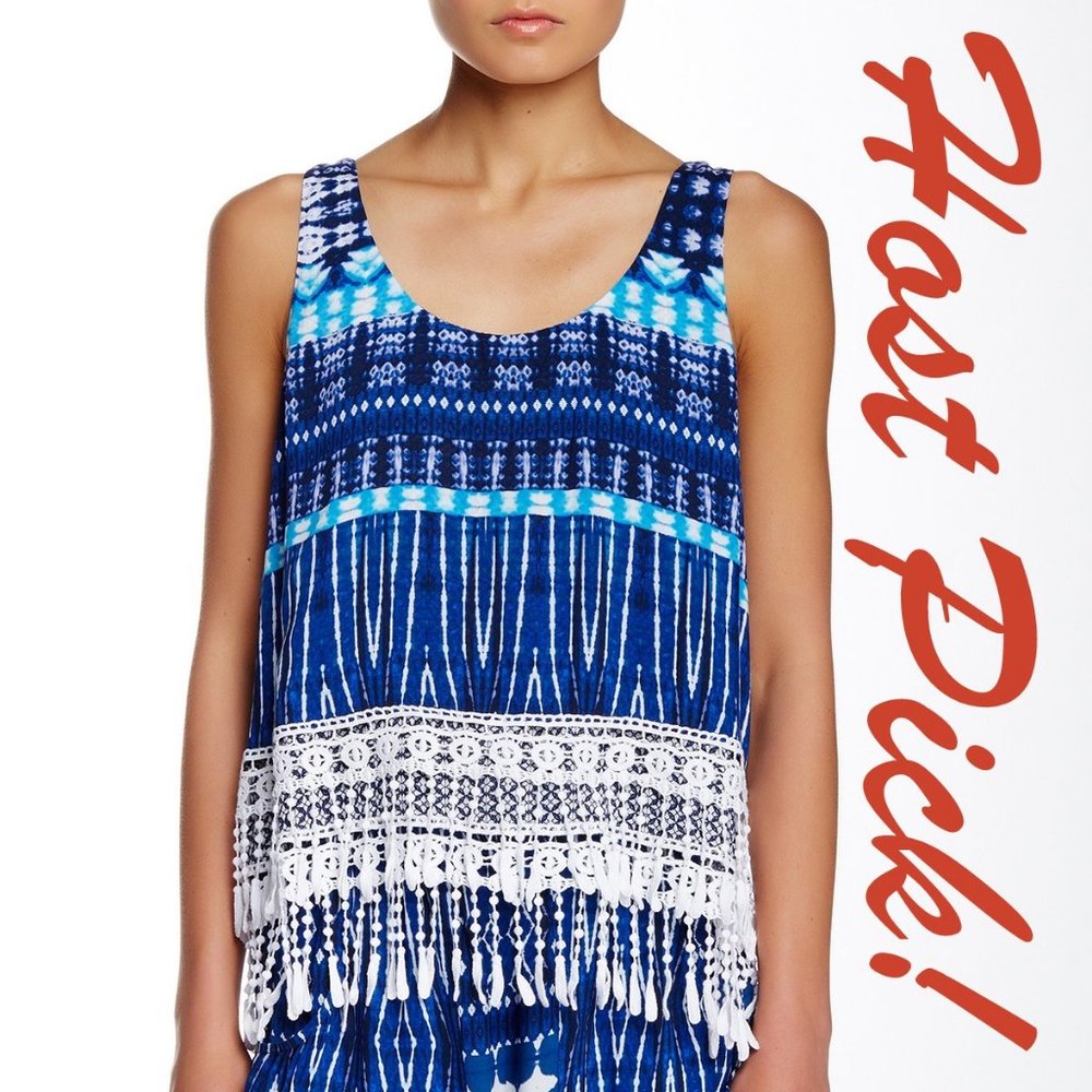 GREEN DRAGON Lace Fringed Layered Tank Print Top Crochet BOHO NEW NWT Blue 🎉HP